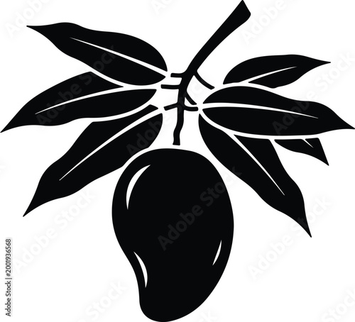 Silhouette vector mango fruit hanging from a leafy branch icon design