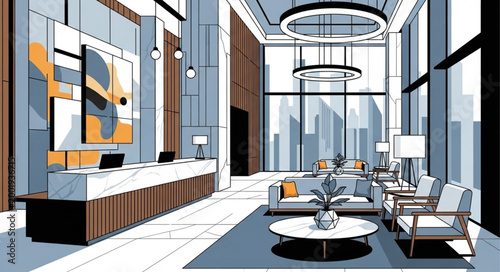 Modern Living Room Interior with Stylish Furniture and Large Windows.