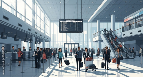 Crowd of Travelers Inside Modern Airport Terminal.