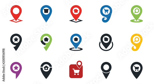 map pin icons in various colors and styles