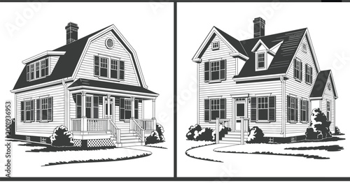 Vintage suburban house illustration set with detailed linework and classic American home styles