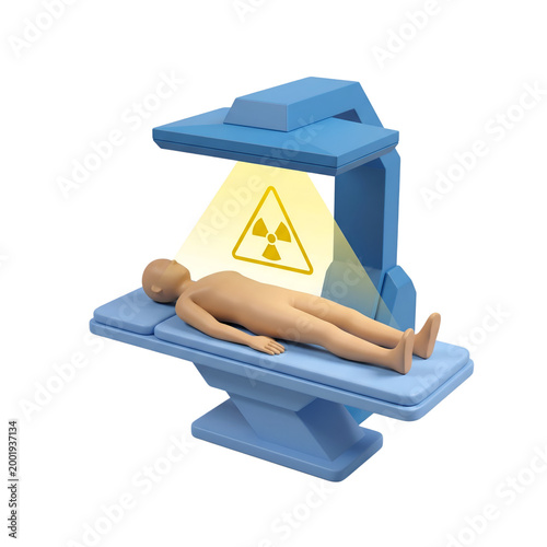 Patient lying on examination table under radiation therapy machine with radioactive symbol emitting yellow light