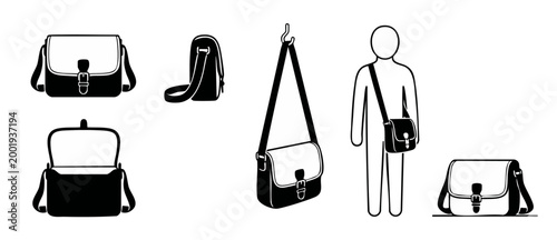 Messenger bag icon set, shoulder bag vector graphics for flat design. Crossbody satchel collection for travel or work, demonstrating various angles, open and closed views, and a person carrying bag.