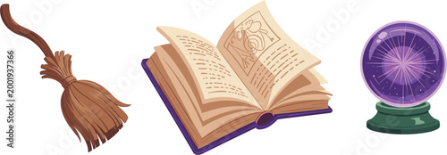 Magic themed illustration set with broom spell book and glowing crystal ball
