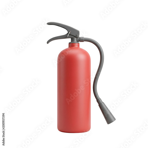 Red fire extinguisher, grey nozzle, isolated on transparent background, safety equipment