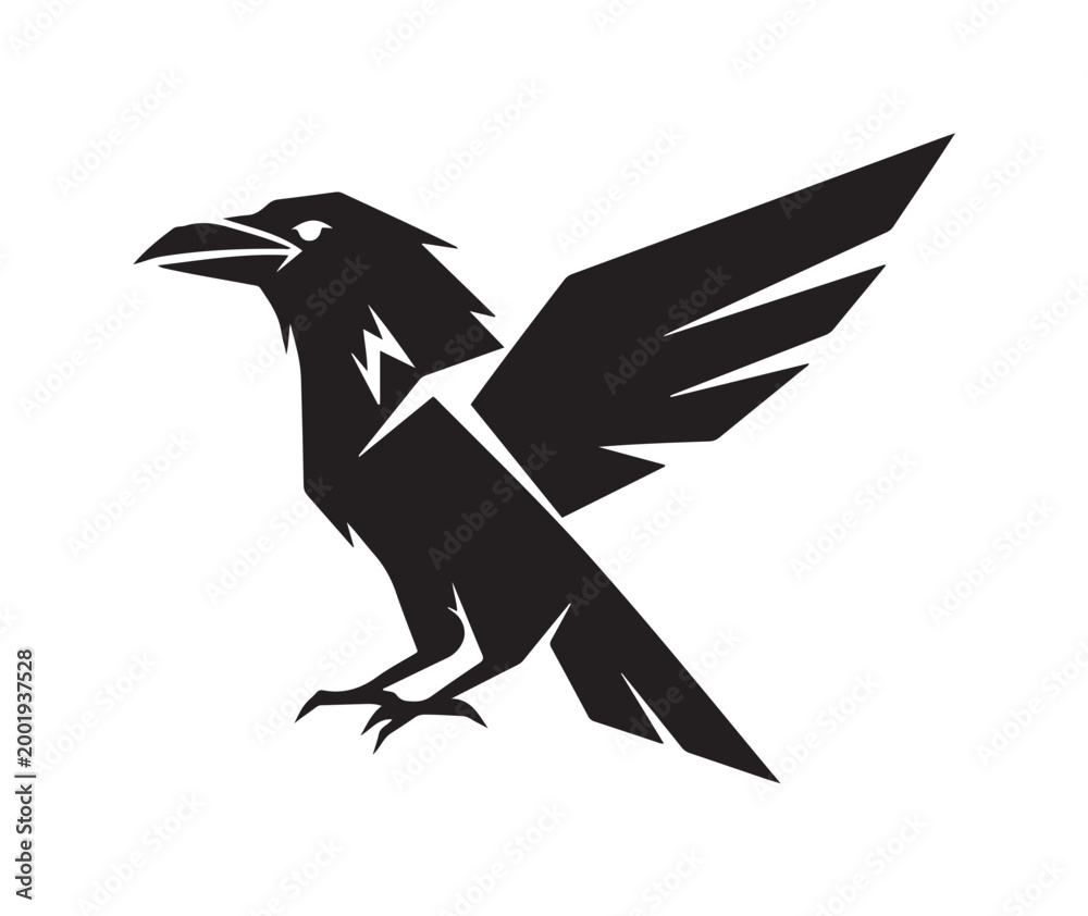 Fototapeta premium Striking black raven design, featuring dynamic sharp geometric shapes and powerfully spread wings, embodying intelligence, mystery, and a commanding presence