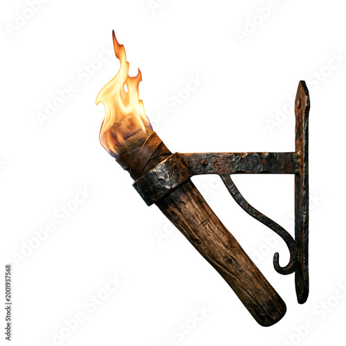 Rustic medieval torch mounted on wall with burning flame, an ancient light source, dark ages illumination, textured metal and wood