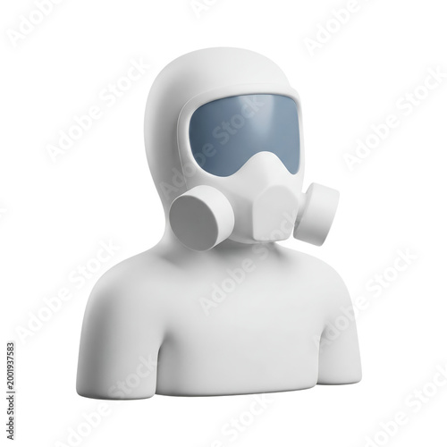 Protective gear avatar wearing hazmat suit and respirator gas mask shown at angle on transparent background