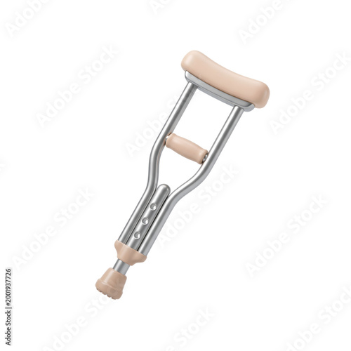 Single crutch with beige grip and padding isolated on transparent checkered background orthopedic aid for mobility and recovery