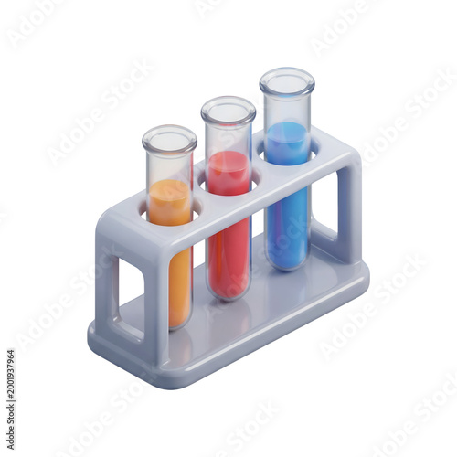 Test tube stand holding three glass tubes with orange red blue fluids, signifying science, research, and development