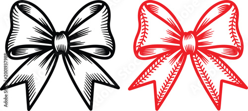 Hand drawn ribbon bow illustration with stitched edges and vintage decorative engraving style