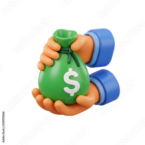 Two hands holding green money bag with white dollar symbol, concept of shared prosperity and financial cooperation