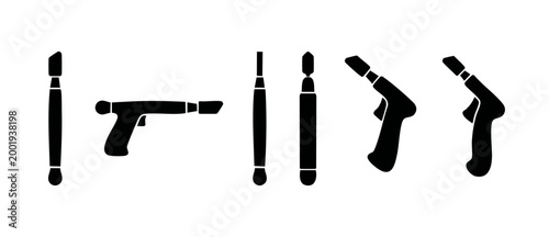 Glass cutter tool icon set, professional stained glass cutting equipment, manual workshop hardware vector, black silhouette collection for construction and art craft hobby, industrial glazier repair k