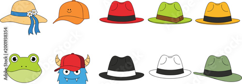 Hat Cartoon Vector Icon Set Featuring Caps, Fedora, Summer Hat and Cute Character Accessories in Colorful Flat Style Isolated on White Background