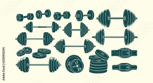Vintage Gym Equipment Set with Dumbbells Barbells Weight Plates and Lifting Belts Vector Collection