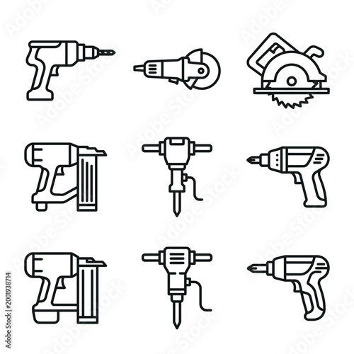 Tools Icons Set Outline Industrial Equipment Power Instruments