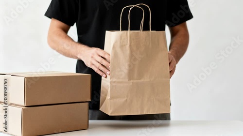 Man opening and holding a brown paper bag next to cardboard boxes, shipping and delivery service concept