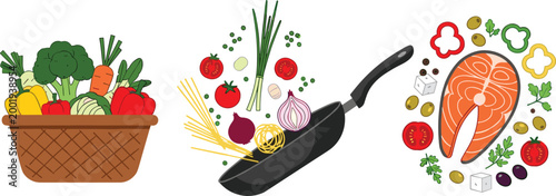 Healthy Cooking Ingredients Vector Set Featuring Fresh Vegetables Frying Pan and Salmon with Herbs for Nutrition Food Preparation Design