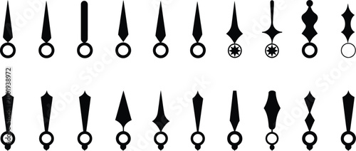 Clock hands vector set featuring various vintage and modern mechanical watch pointers for time measurement horology design and repair projects.