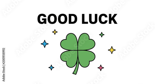 Photos Good luck message with four leaf clover and colorful sparkles on white background