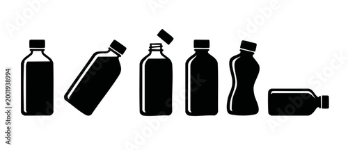 Bottle silhouette set, plastic water container icons in different positions and shapes for product packaging design, isolated black vector illustration on white background for health and drink industr