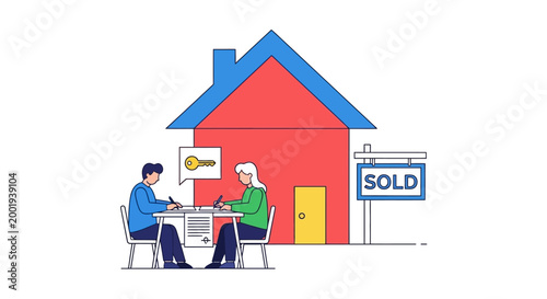 Real estate agent helping couple buy a new home with sold sign outside.