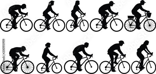 Bicycle riders collection featuring various people cycling on road bikes for professional race exercise leisure travel eco friendly transportation and hobby.
