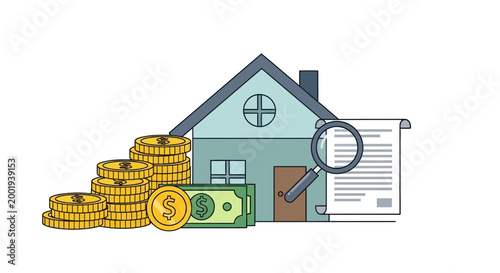 Conceptual illustration of home mortgage loan with house, money, and contract.