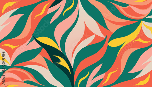 Abstract seamless pattern with organic wavy leaf shapes in retro groovy colors, floral background