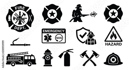 Firefighter Icons Set Black And White Vector Illustration