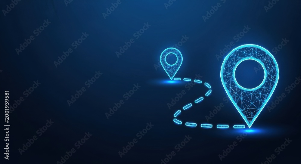 Naklejka premium Digital navigation pins and dashed route on a glowing blue abstract network background