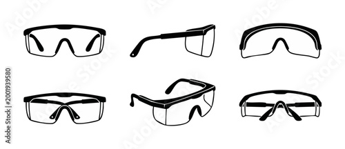 Safety glasses set icons, protective eyewear collection with different angles, professional work goggles for industrial construction and laboratory eye protection equipment on a white background isola