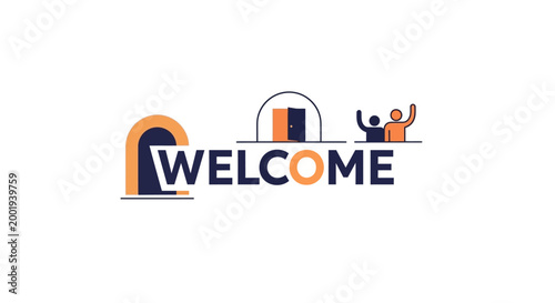 Creative welcome sign with open door and person greeting symbol.
