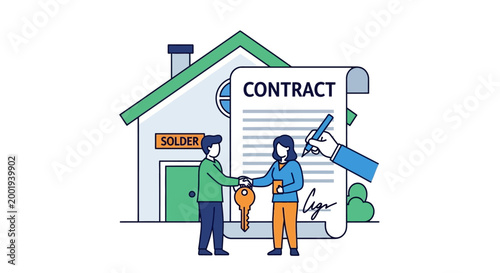 Illustration of a family signing a house purchase contract with a real estate agent.