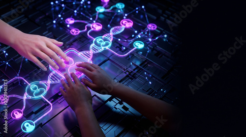Hands connecting with digital network in futuristic environment  