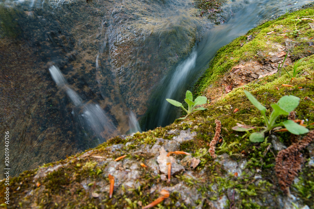 Fototapeta premium Small waterfall flowing over mossy rocks, long exposure nature detail with fresh greenery