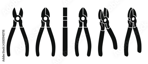 Wire Cutter Pliers Icon Set, Industrial Hand Tool Vector Silhouette Collection, Various Angles and Side Views for Technical Manuals, Construction Repair Equipment Graphic Symbols, Minimalist Black Des