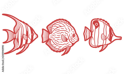 Red Underwater Tropical Fish Silhouette Set, Moorish Idol, Discus and Butterflyfish Isolated on White Background, Marine Life Vector Graphics