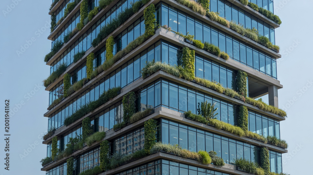 Obraz premium Modern office building with vertical green gardens on facade sustainable architecture concept with plants growing on glass walls of high rise commercial skyscraper eco friendly urban design projects.