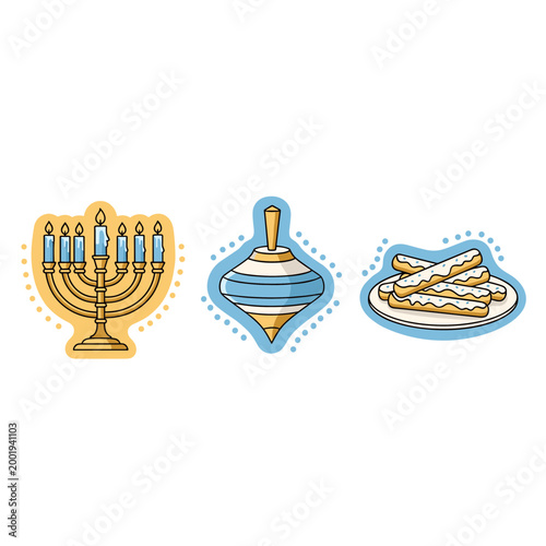 Hanukkah Tradition Set with Menorah Candelabra, Dreidel Toy and Traditional Jewish Pastries, Festival of Lights Cultural Vector Illustration Icons