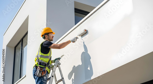 Professional painter applying fresh white paint to exterior wall of modern building.