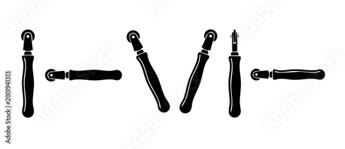 Tracing Wheel Tool Set for Sewing and Leather Crafting Vector Silhouette, Professional Tailoring Marking Instrument for Pattern Drafting and Fabric Cutting Projects, Isolated Black Icon Collection on