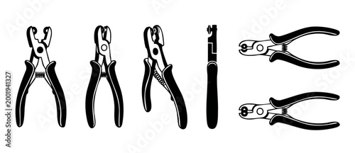 Eyelet Pliers Tool Set Vector Icon Collection for Crafting and Leatherworking, Professional Metal Punching Hand Tool Silhouette Illustration for Hardware Maintenance, DIY Industrial Repair Equipment S