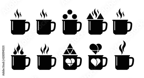 Decorative coffee mug icons with unique steam shapes set collection of black mugs featuring geometric symbols and heart patterns for modern cafe identities