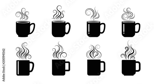 Set of black coffee cups with steaming hot beverage perfect for breakfast tea or cappuccino designs isolated on white background