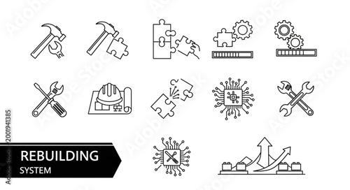 Collection of hand-drawn icons representing system rebuilding and repair concepts.