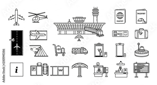 Collection of airport and travel related icons and illustrations.