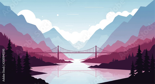 Vector flat design illustration of a serene mountain landscape with a bridge over a calm river at dawn