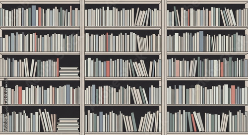 Bookshelves Filled with Various Books in Library Setting.