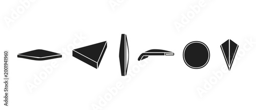 Geometric shapes icon set, minimalist black flat vector forms for UI design. Collection of 3D-style perspective objects including square, triangle, circle, and abstract polygons for modern web interfa